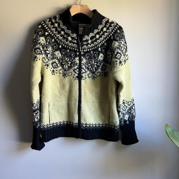 Coldwater Creek Sweaters - Coldwater Creek Black and Green Lambswool and Angora Blend Full-Zip Cardigan S